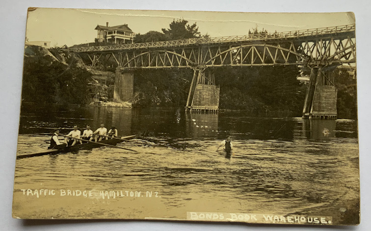 early 1900s New Zealand advertising photograph postcard Traffic Bridge Hamilton